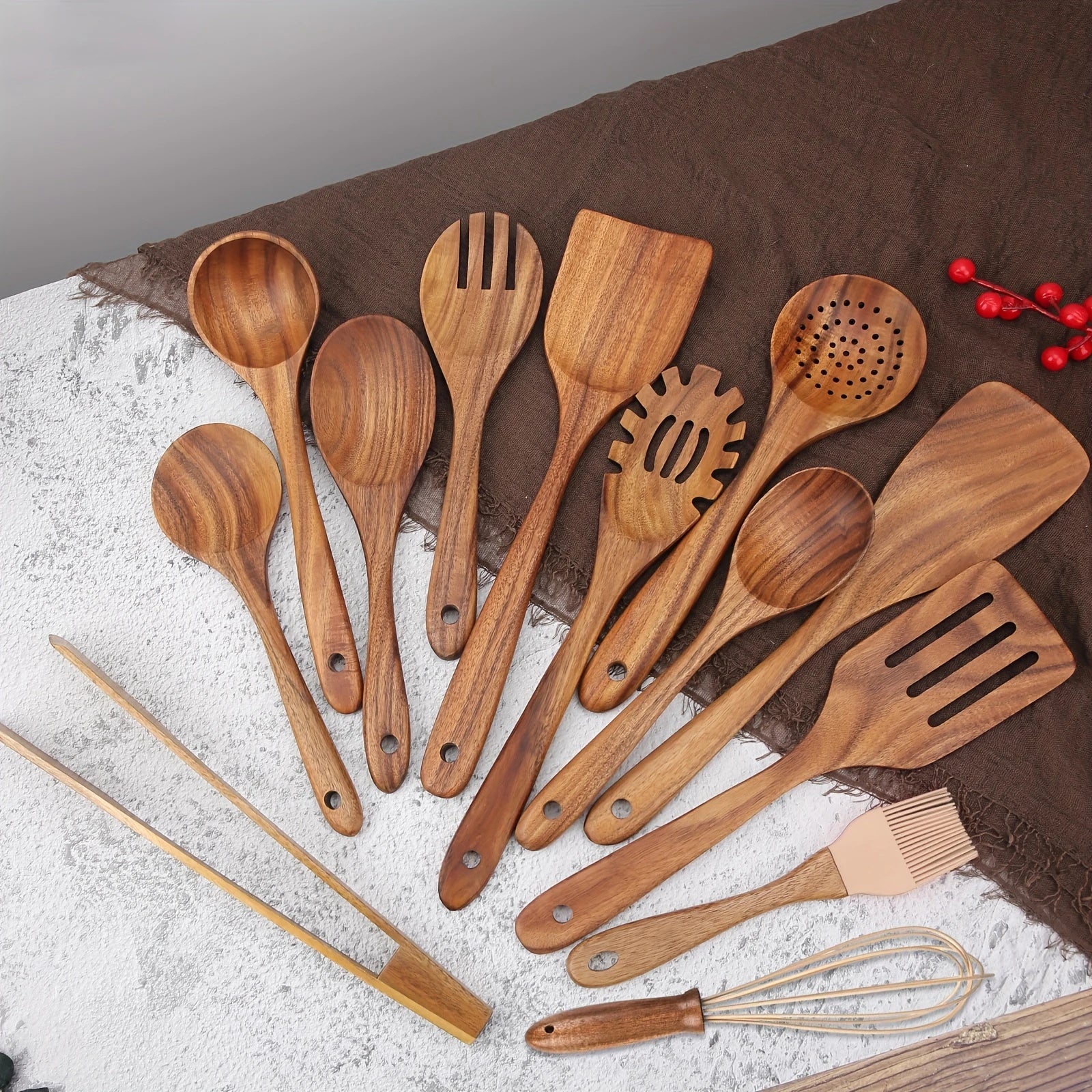Elegantes 11-teiliges Küchenhelfer-Set aus Teakholz mit Halter
