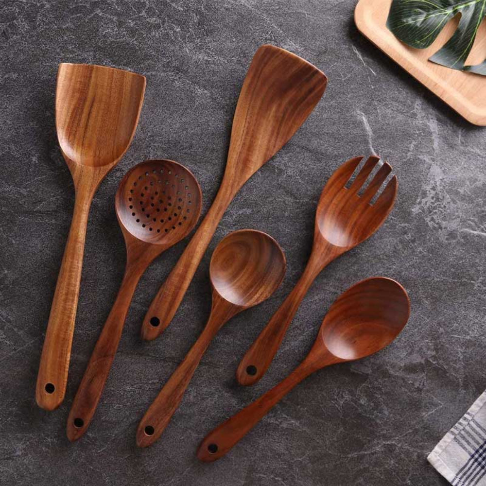 Elegantes 11-teiliges Küchenhelfer-Set aus Teakholz mit Halter