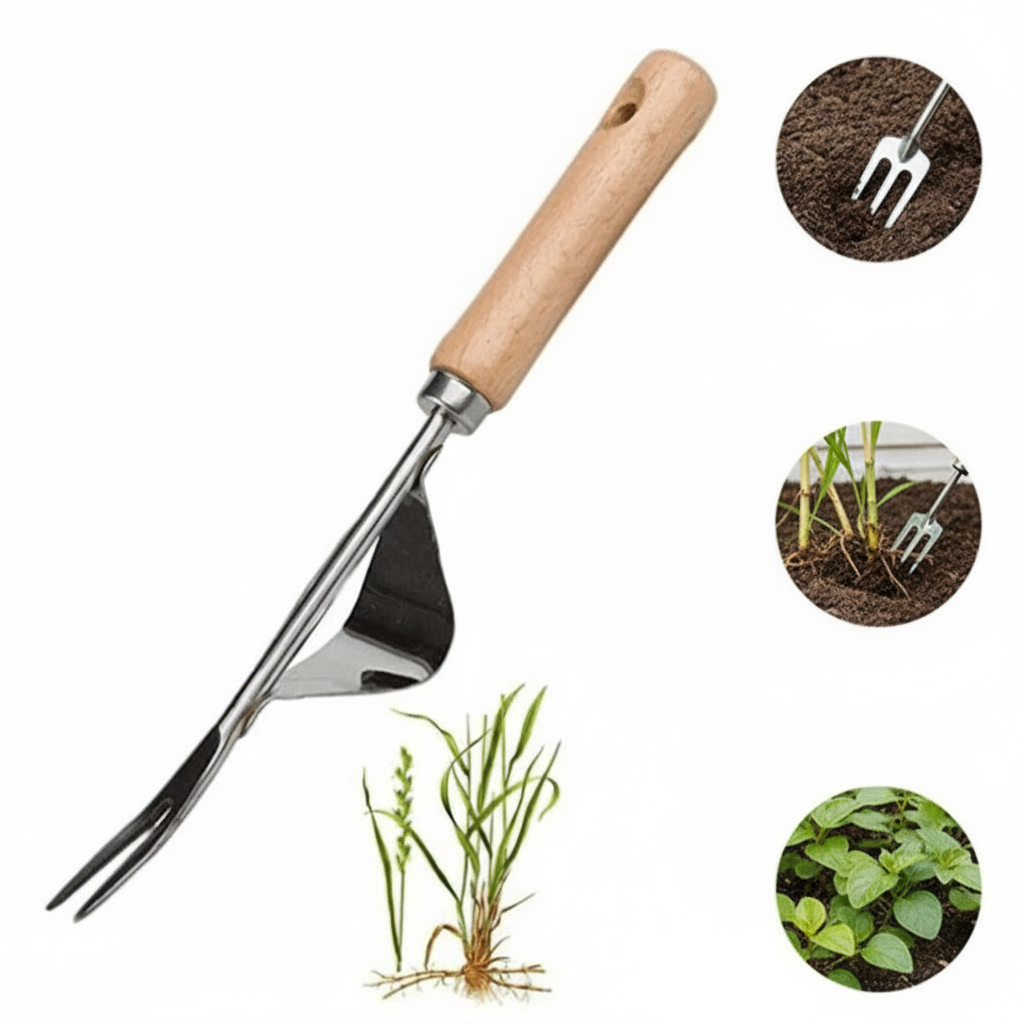 Effizienter Unkrautstecher mit ergonomischem Holzgriff
