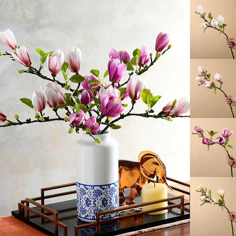 Atmosphärischer Kunstzweig mit realistischen Magnolienblüten