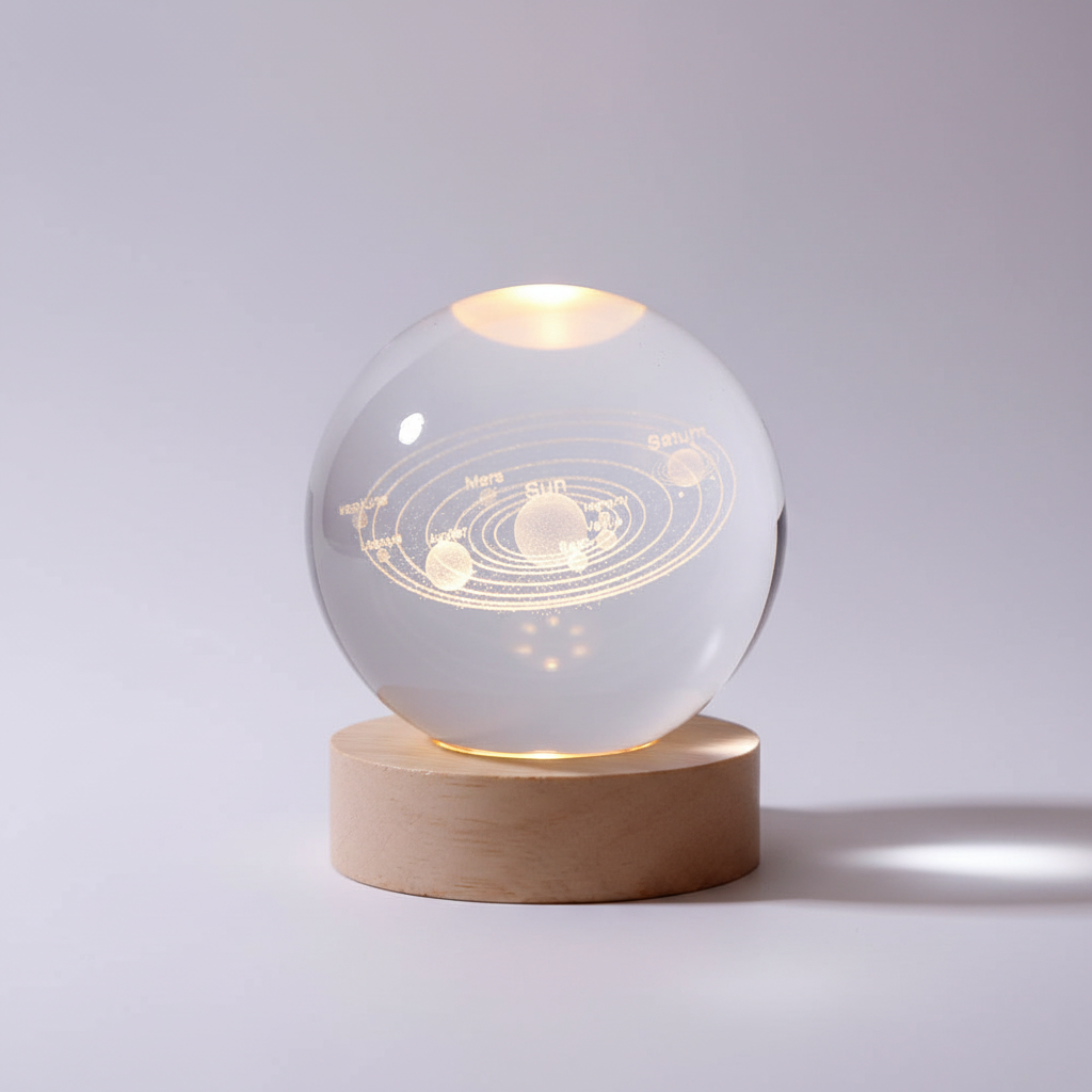 AstroGlobus 3D Tischlampe – Kugelförmige Holzlampe mit warmem LED-Licht und Planetendesign