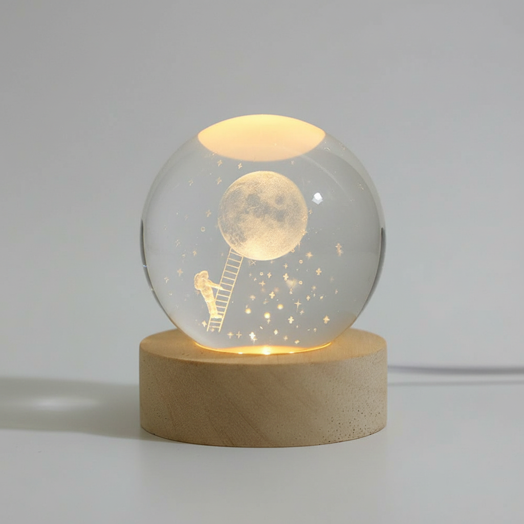 AstroGlobus 3D Tischlampe – Kugelförmige Holzlampe mit warmem LED-Licht und Planetendesign