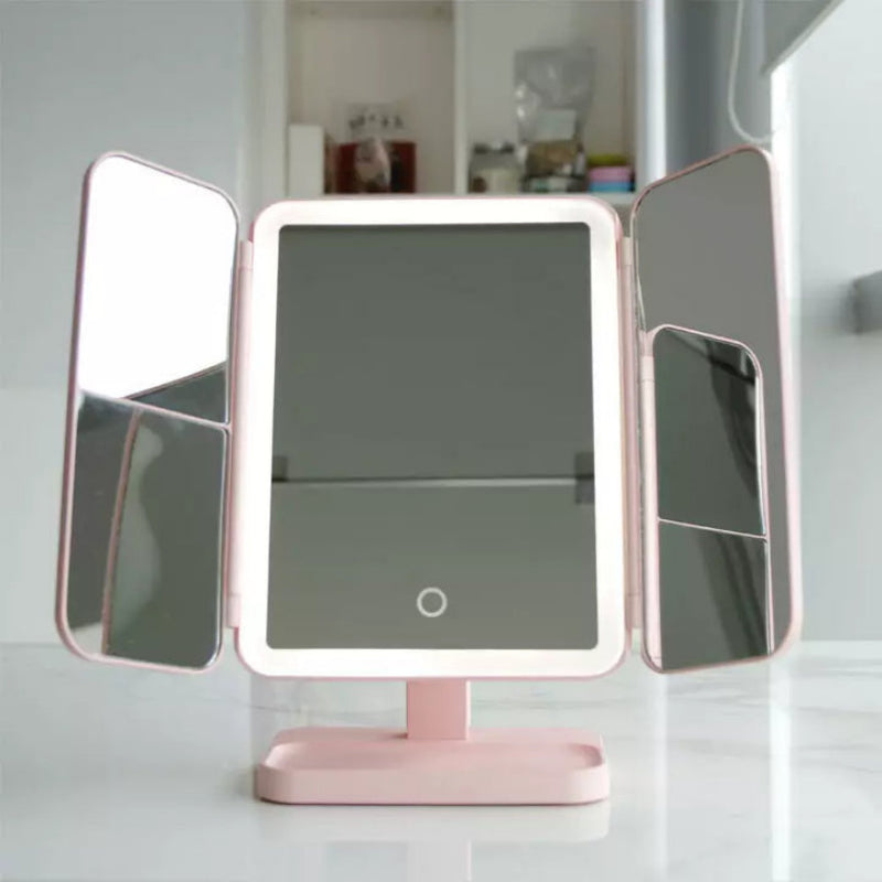 Illuminated cosmetic mirror with adjustable angle