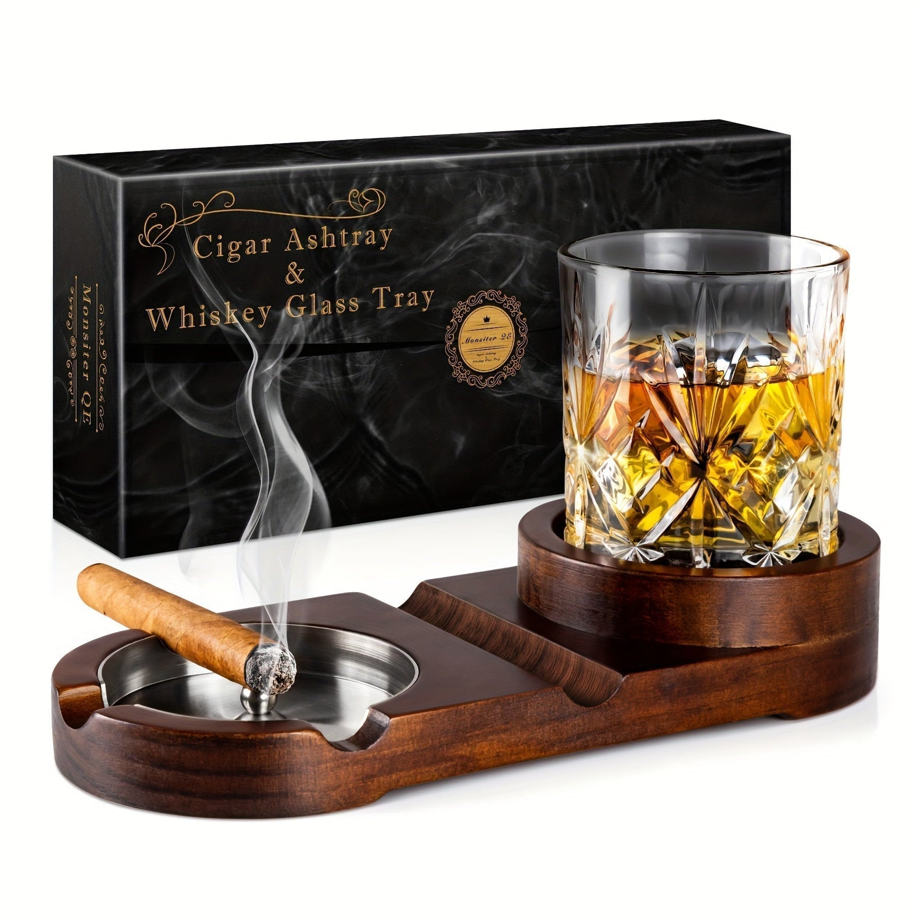 Aschenbecher aus Holz mit Whiskeyhalter – Elegantes Tray für Zigarrenliebhaber