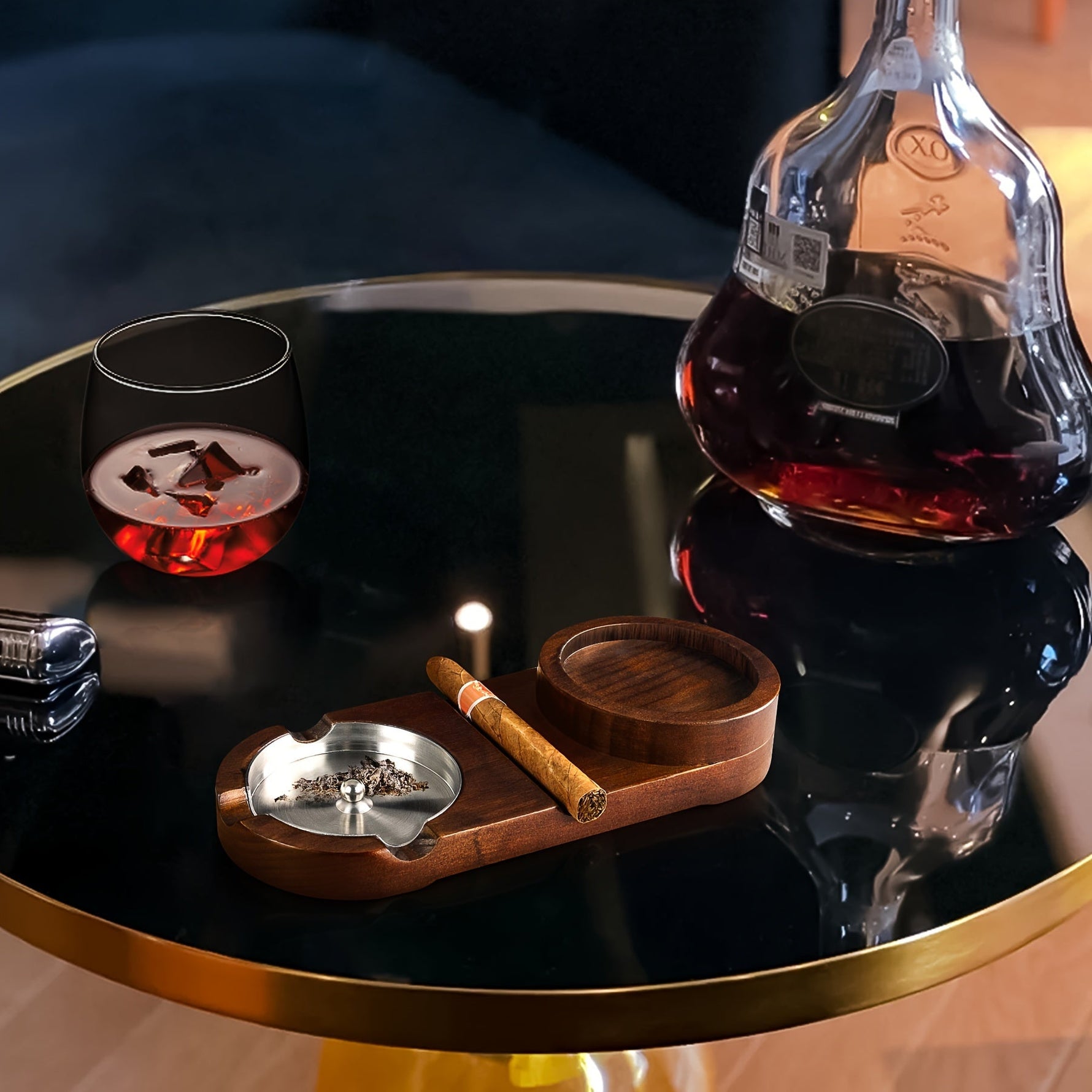 Aschenbecher aus Holz mit Whiskeyhalter – Elegantes Tray für Zigarrenliebhaber