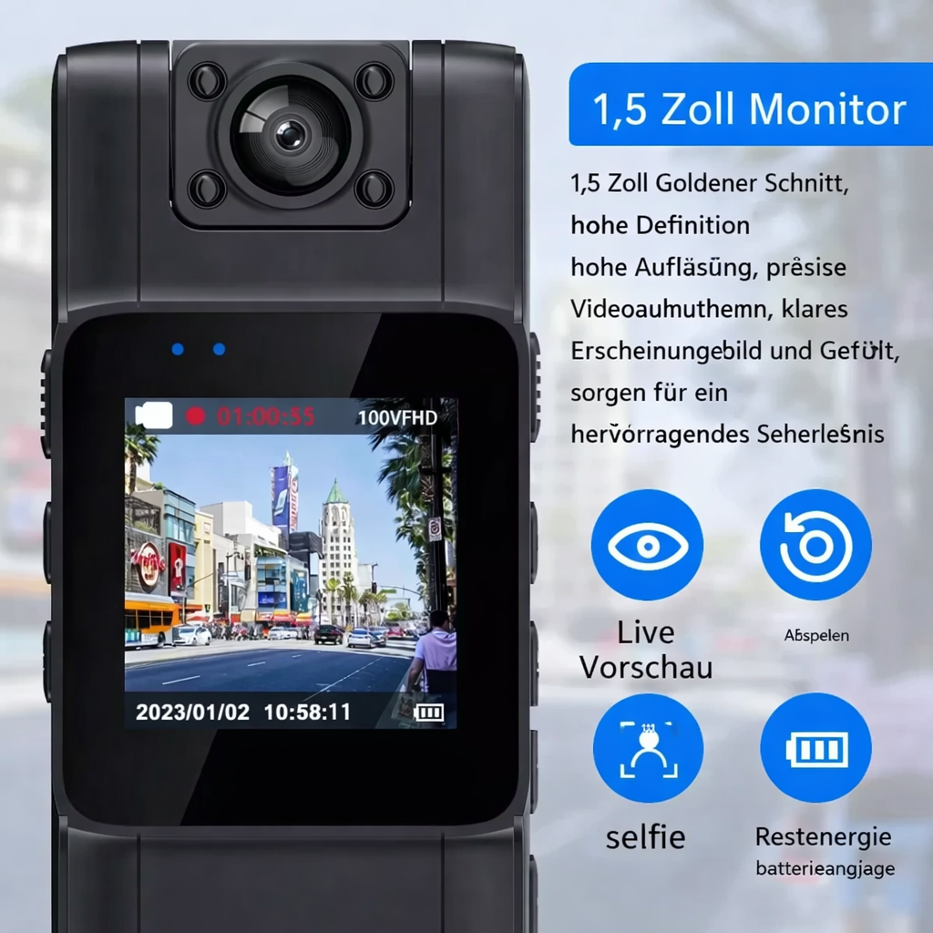 Kompakte 4K Kamera mit drehbarem Objektiv und Bewegungsdetektion