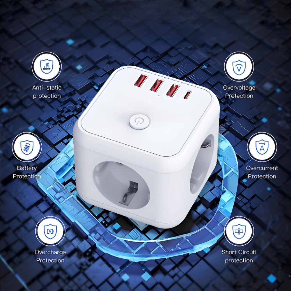 Kompakte Ladestation mit USB und Typ-C – 7-in-1 Steckdose