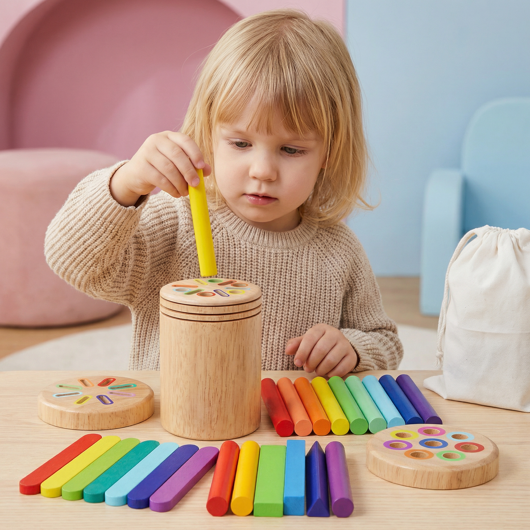 Holzspielzeug zum Sortieren von Farben und Formen – Lernspiel für Feinmotorik