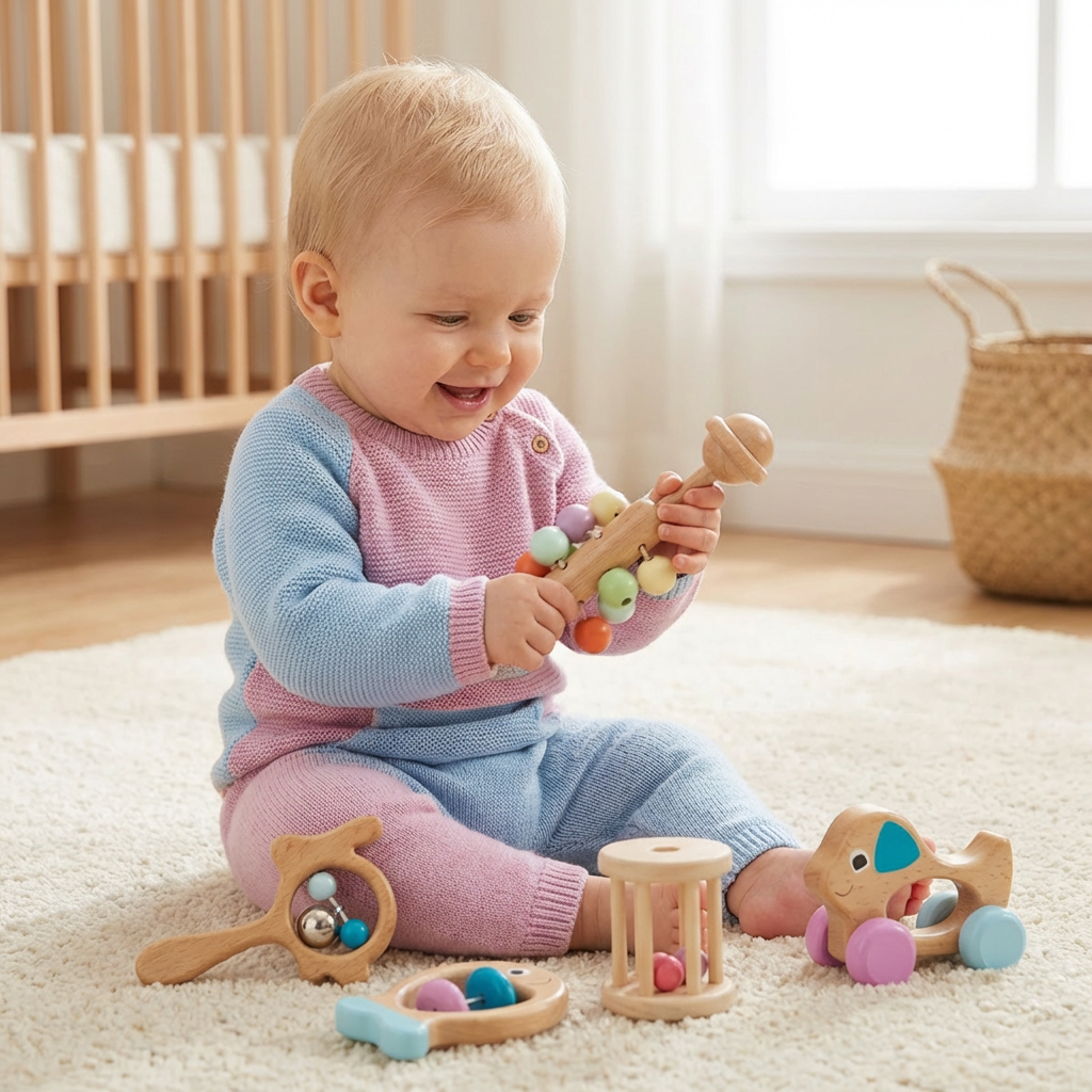 Holzspielzeug-Geschenkset für Babys – Rassel und Musikspielzeug