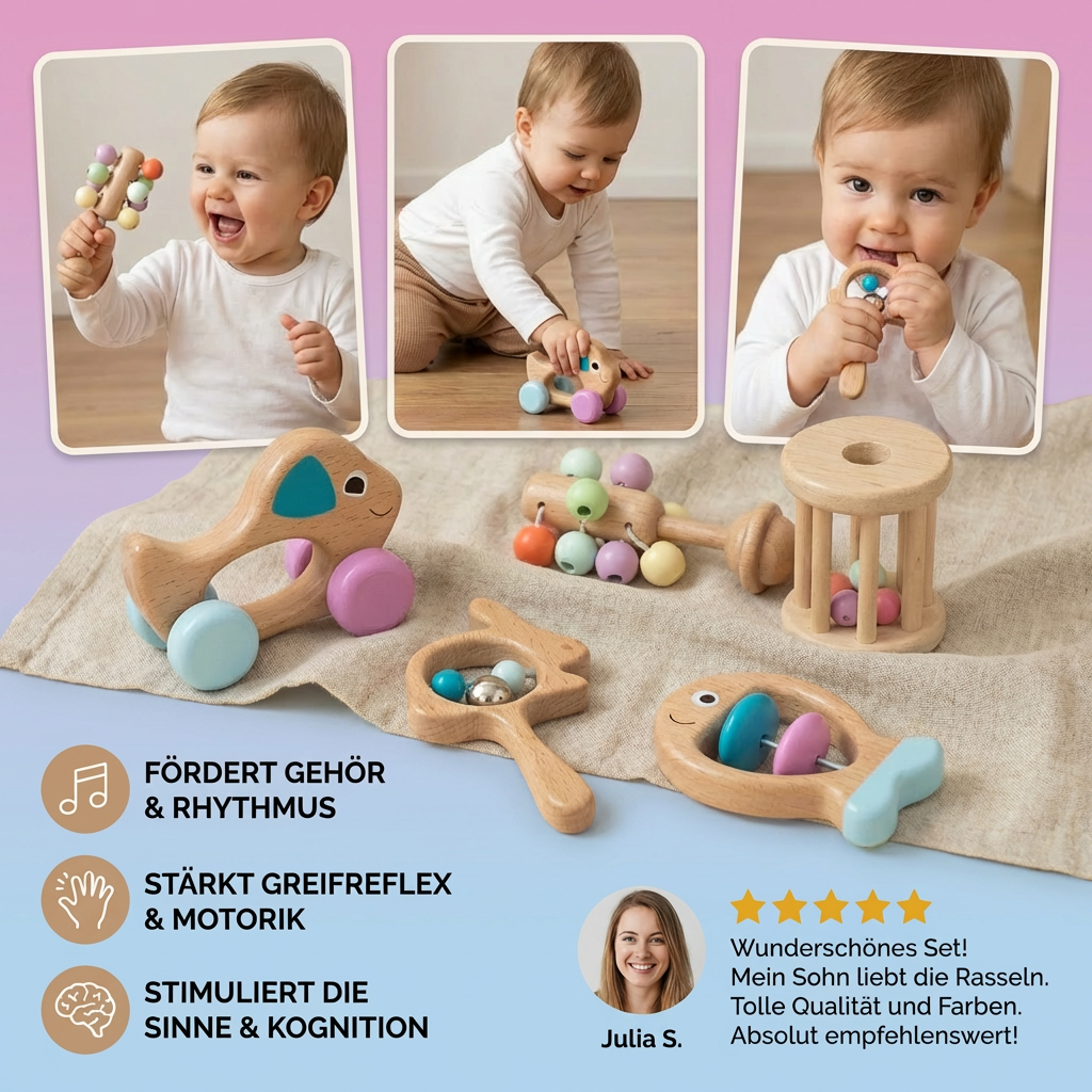 Holzspielzeug-Geschenkset für Babys – Rassel und Musikspielzeug