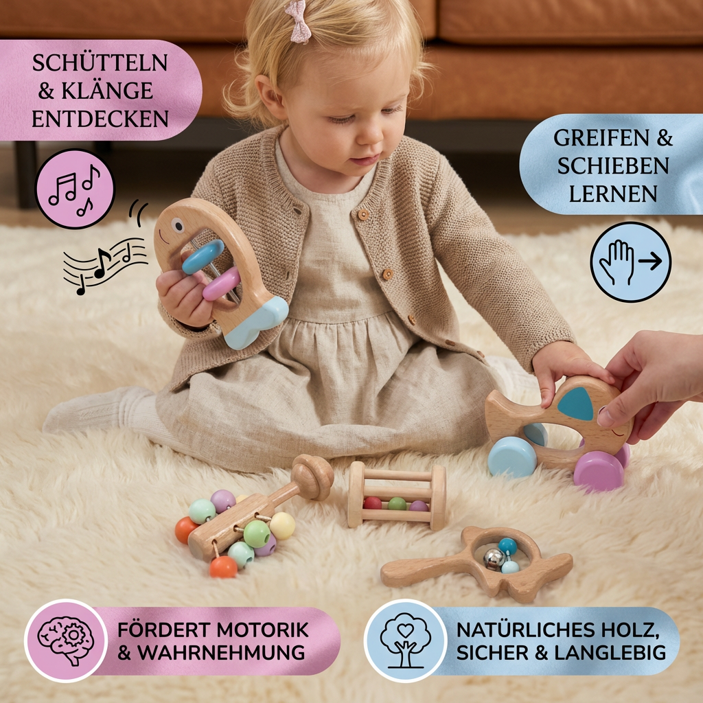 Holzspielzeug-Geschenkset für Babys – Rassel und Musikspielzeug