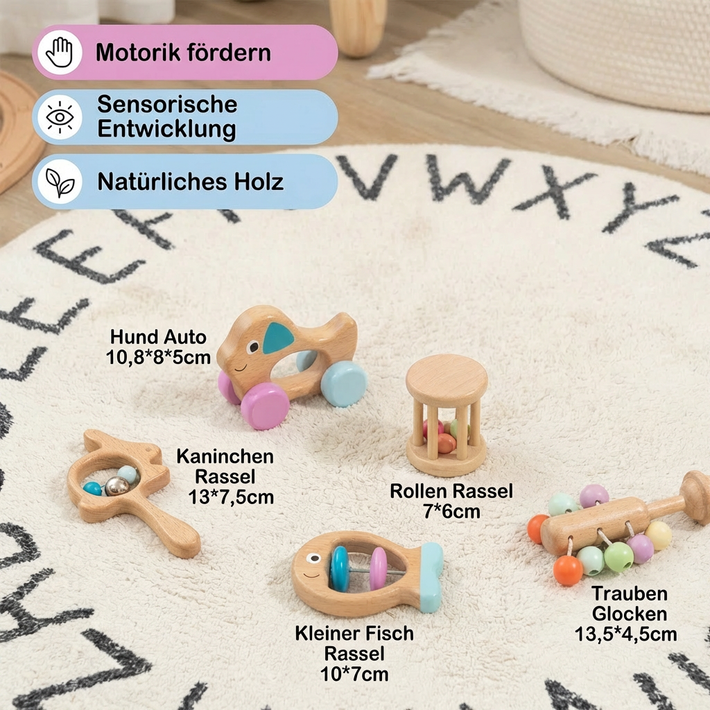Holzspielzeug-Geschenkset für Babys – Rassel und Musikspielzeug