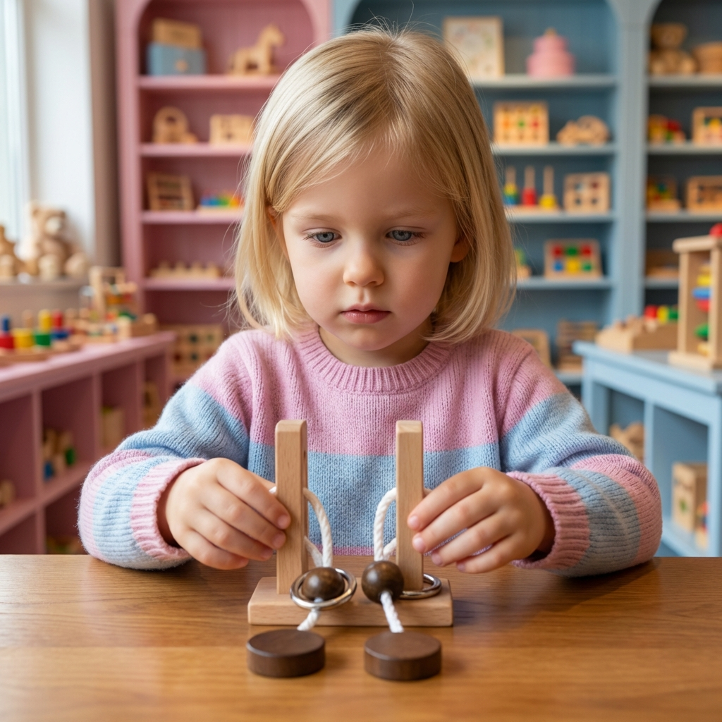 Familien-Denkspiel aus Holz – IQ-Puzzle mit Seil, handgefertigt