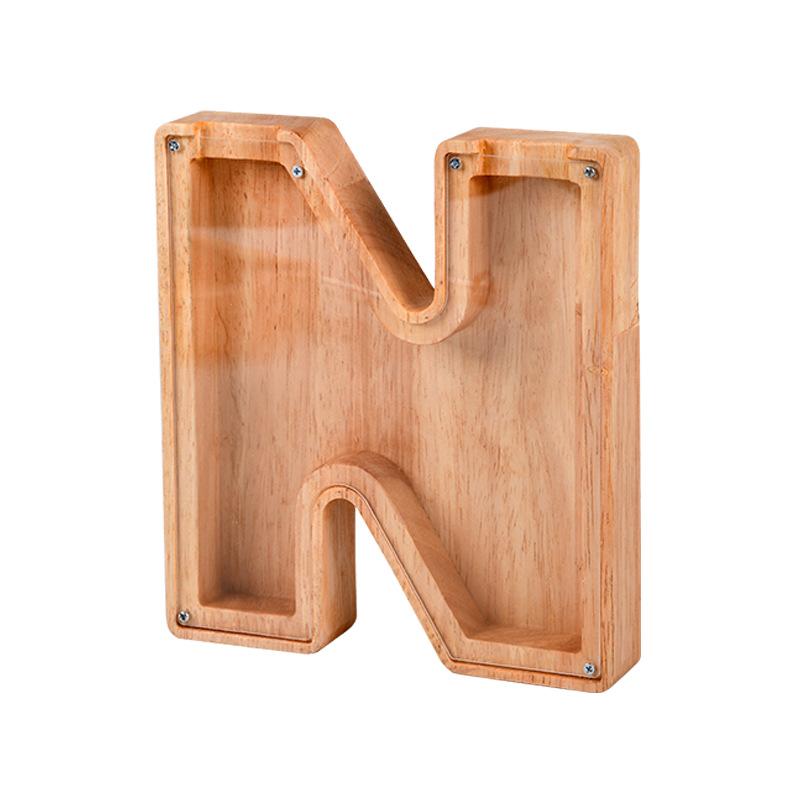 Handgefertigte Holzspardose mit Alphabet-Design