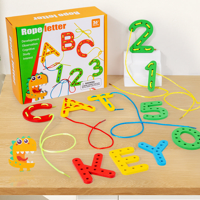 Lernspiel aus Holz mit Fädeln von Buchstaben, Zahlen und Farben