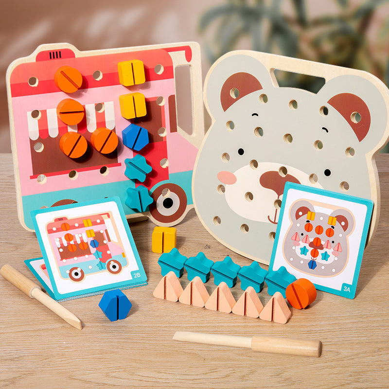 Bärenplatte mit Montessori Farbenschauben für kleine Handwerker