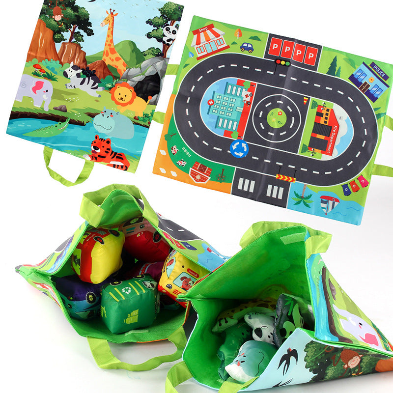 Plüschspielzeug-Autos mit Straßenmatte und Tragetasche – 2in1