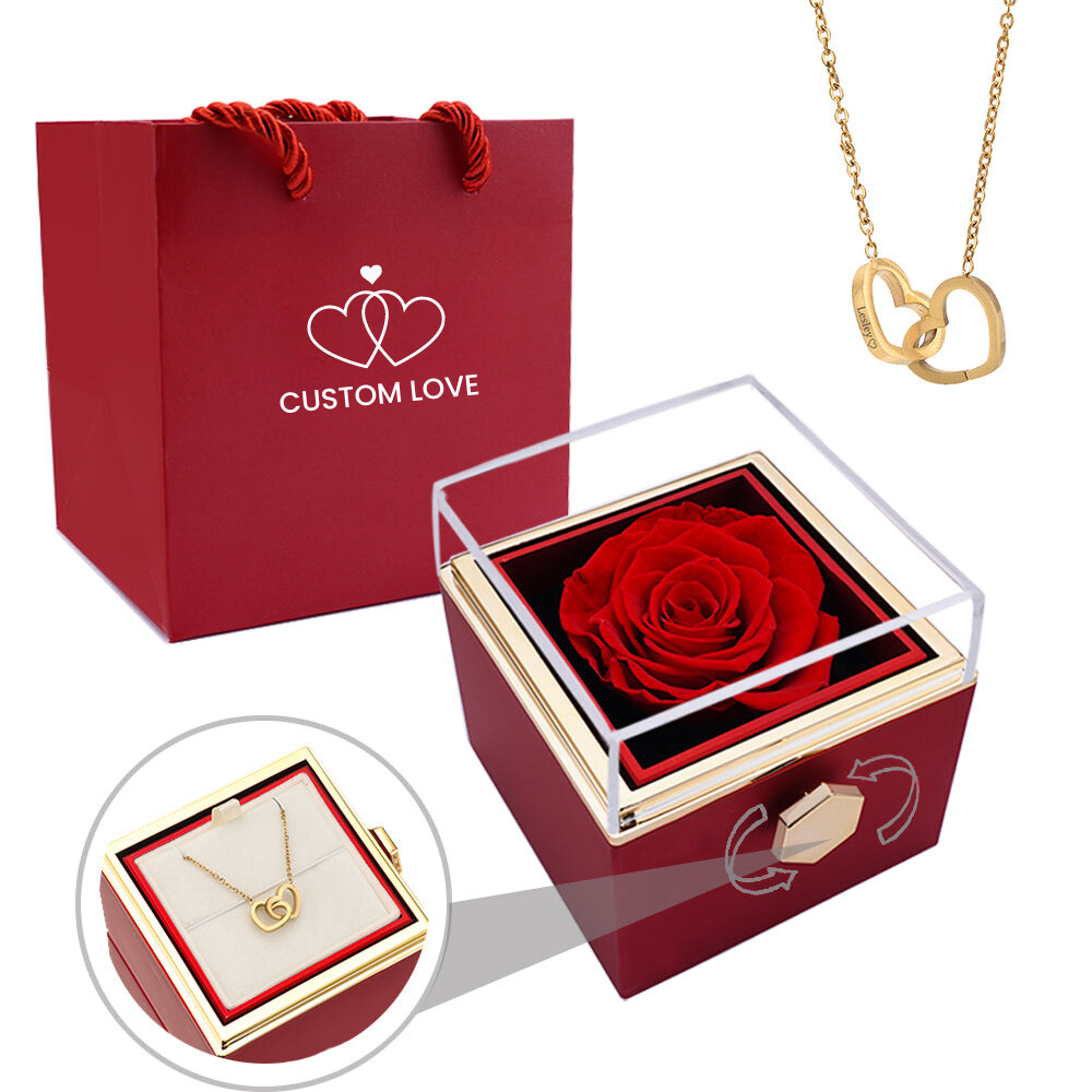 Schmuckkästchen mit ewiger Rose und Herz-Halskette – 14k Weißgold & 18k Gold-Finish