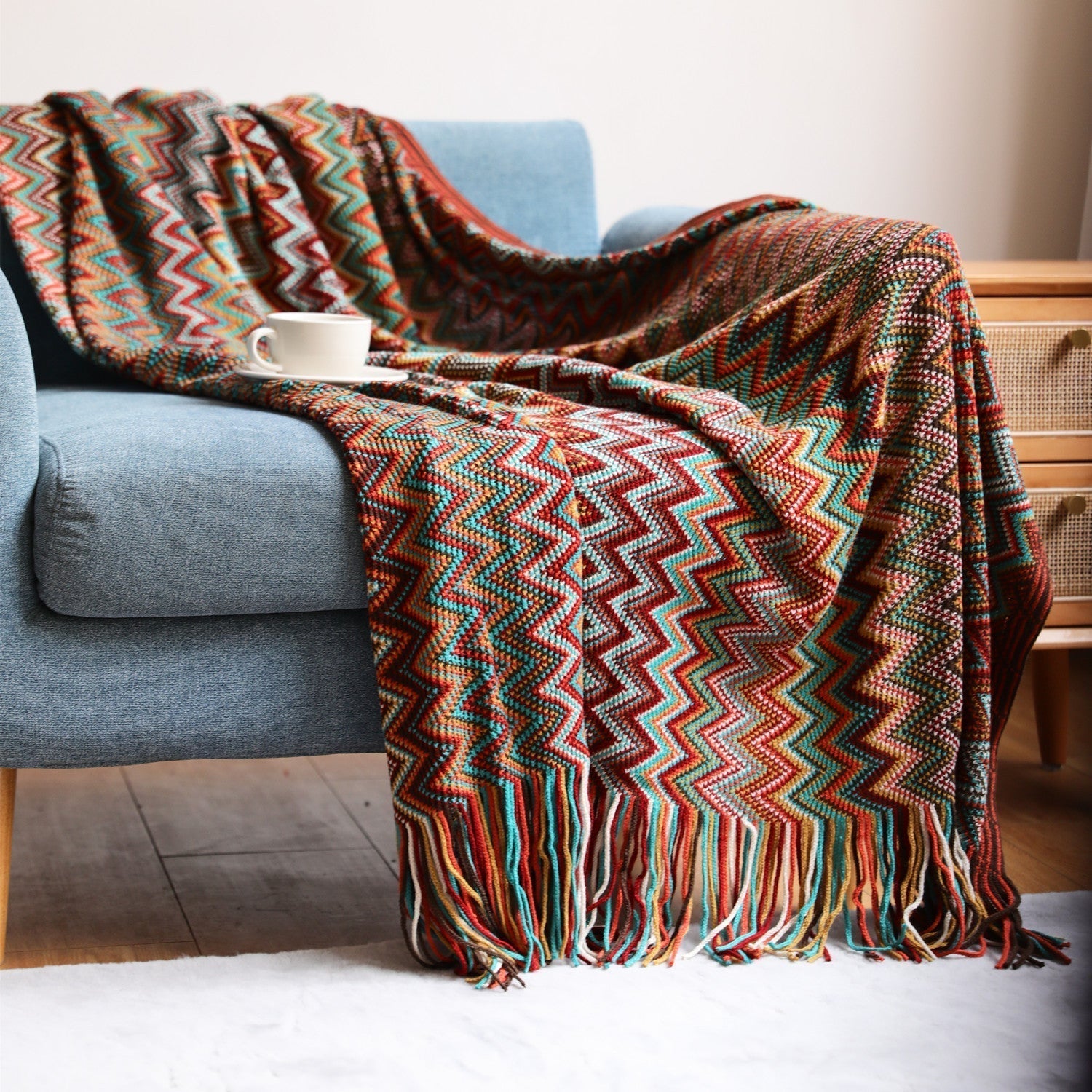 Boho Chevron Bettbezug – Handgewebt – Mit Fransen – Warme Erdtöne