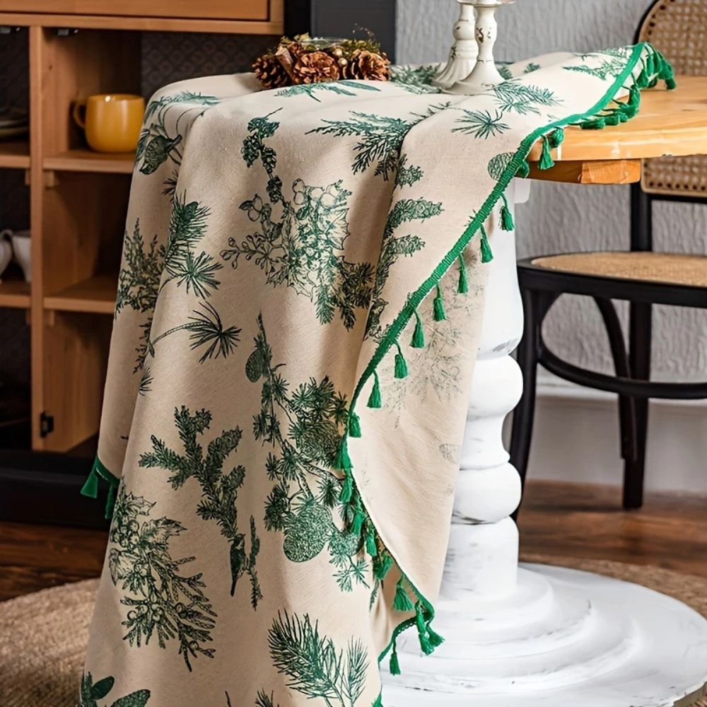 Elegante Tischdecke mit Tannenzapfen-Muster in sanftem Grün