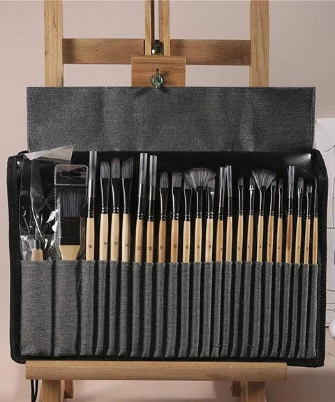 24-Piece Artist Paint Brush Set with Natural Wood Handles
