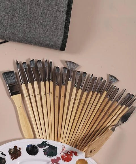 24-Piece Artist Paint Brush Set with Natural Wood Handles