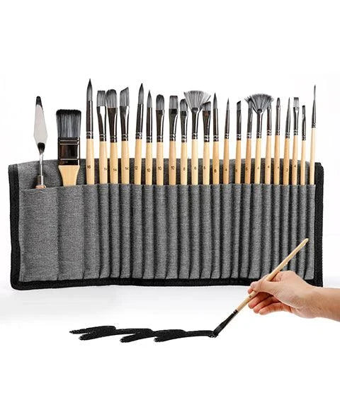 24-Piece Artist Paint Brush Set with Natural Wood Handles
