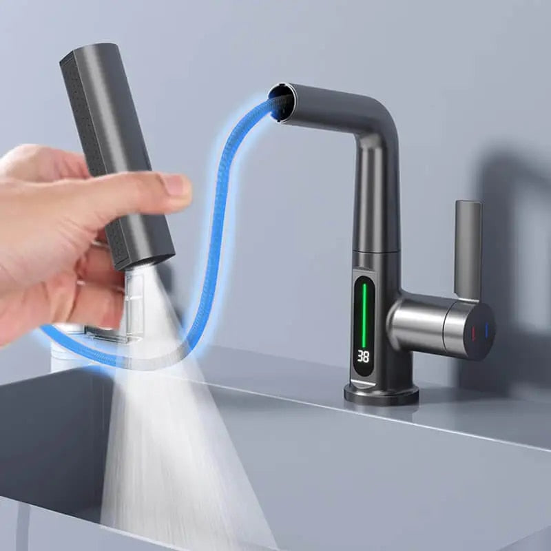Eleganter Küchenarmatur mit ausziehbarem Sprühkopf und Temperaturanzeige
