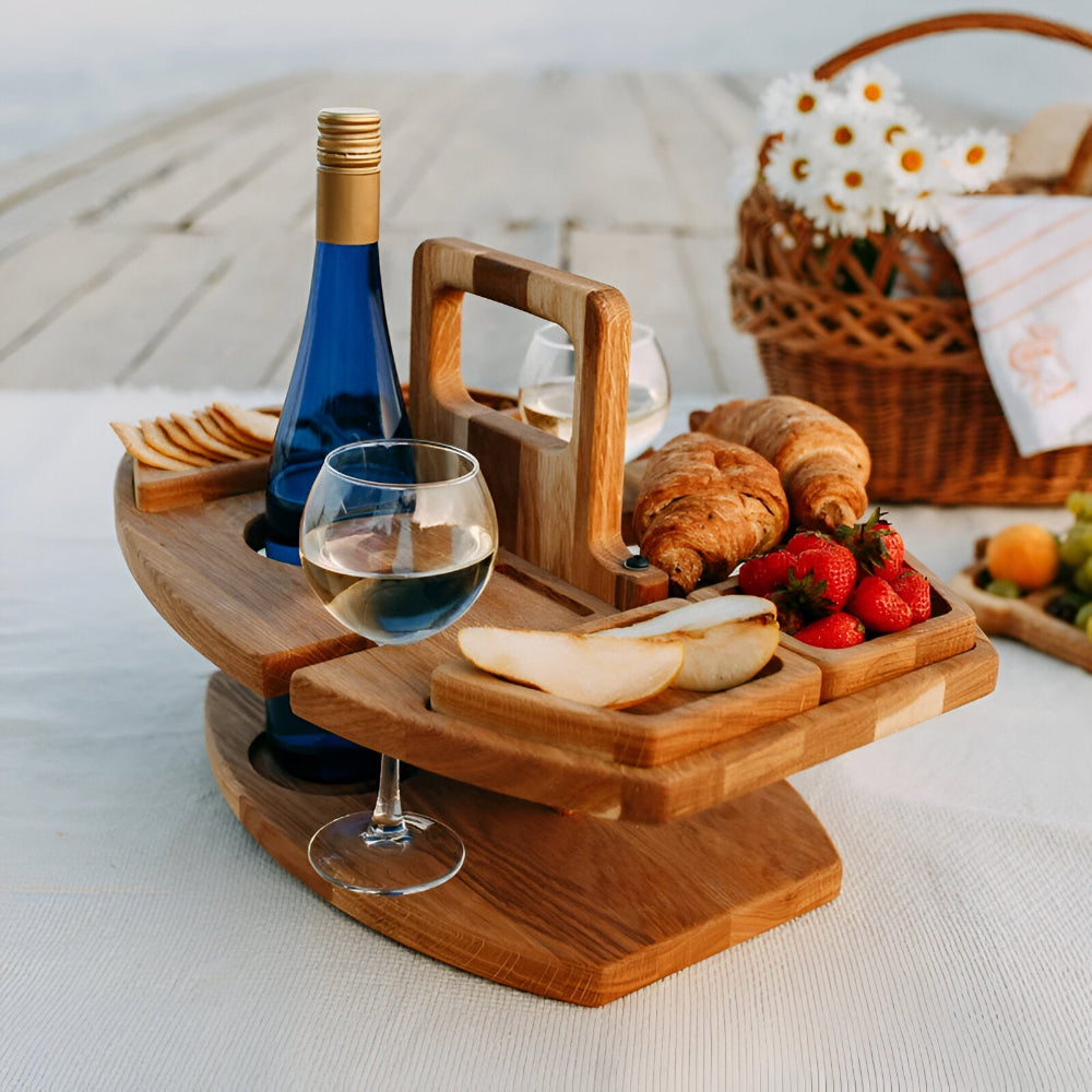 Kompakter Klapptisch für Picknick mit Wein- und Snackfächern