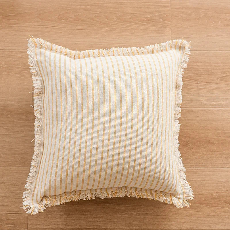 Elegante Kissenhülle mit Jacquard-Muster und Fransen - Baumwoll-Leinen-Mischung