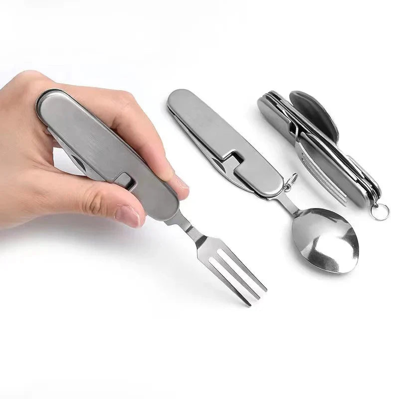 Kompaktes Faltbesteck – Gabel, Löffel, Messer & Öffner in Einem