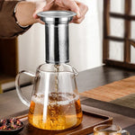 Elegant teapot made of heat-resistant glass with a stainless steel filter