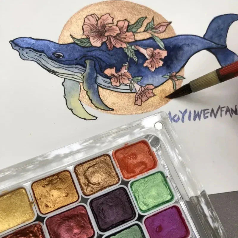 Perlmuttfarbenset mit 10 Farben und Mischpalette
