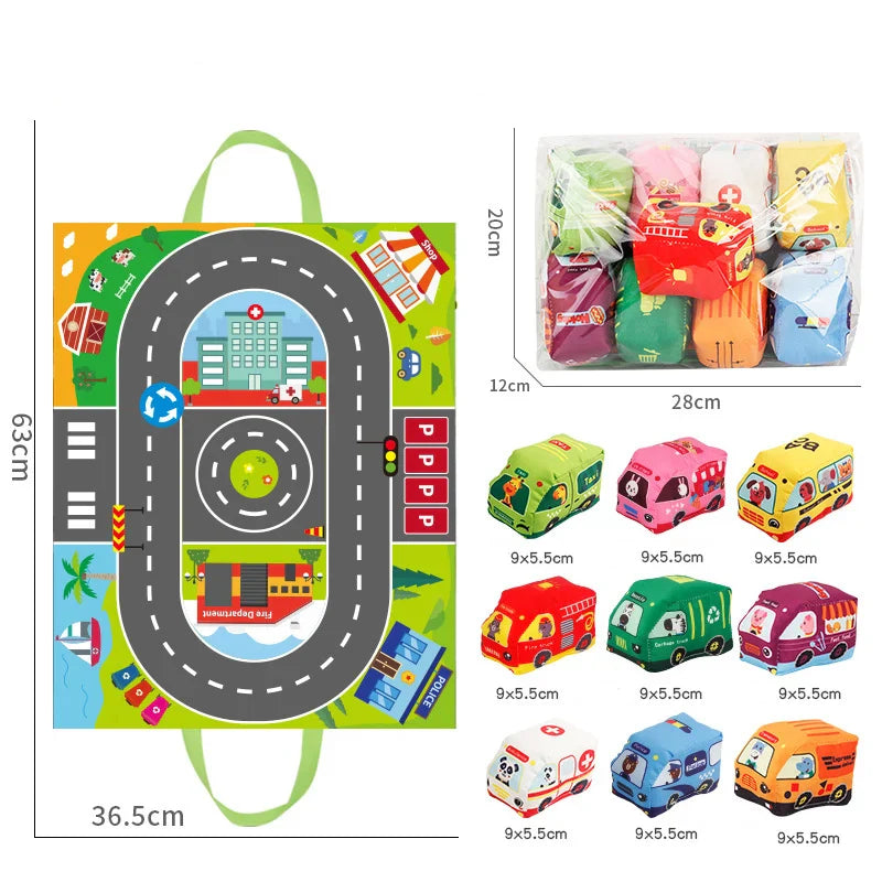 Plüschspielzeug-Autos mit Straßenmatte und Tragetasche – 2in1