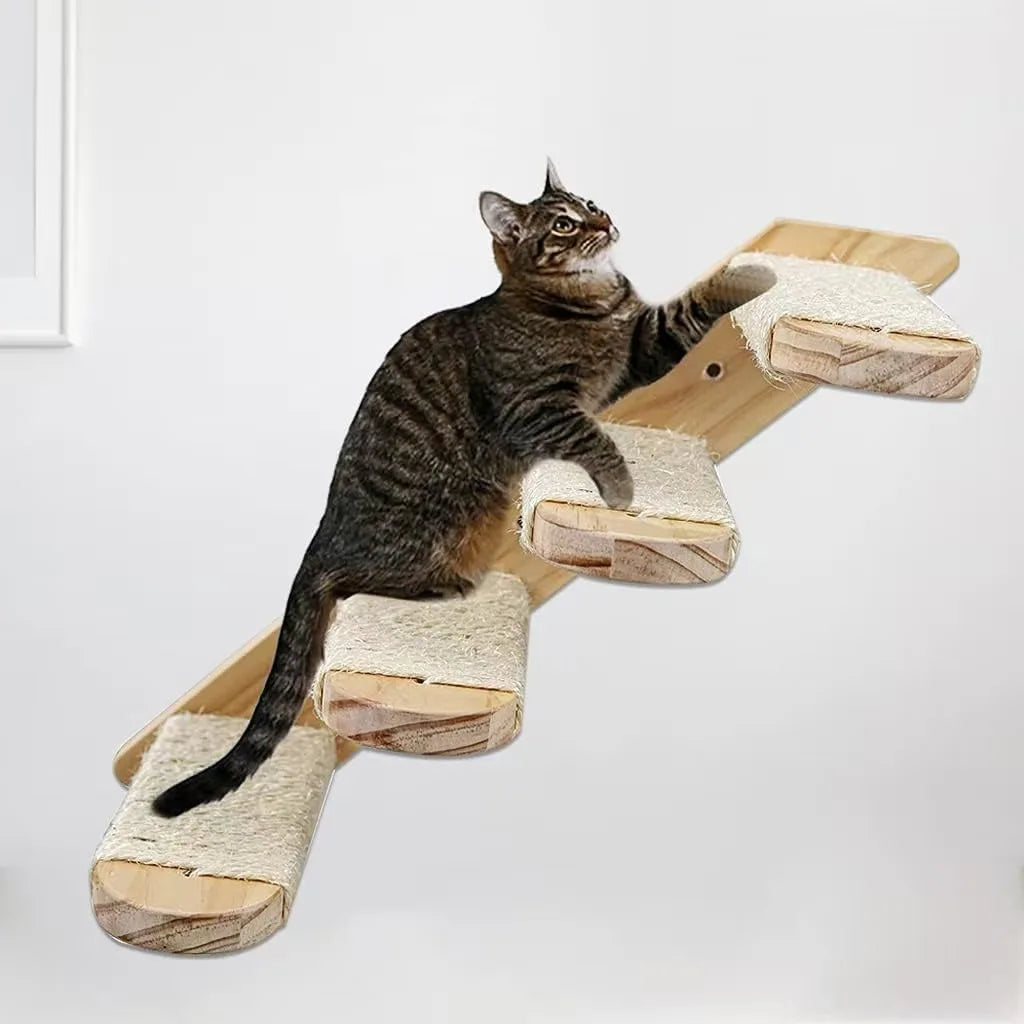Wandmontierte Katzen-Kletterleiter aus Holz mit Sisal