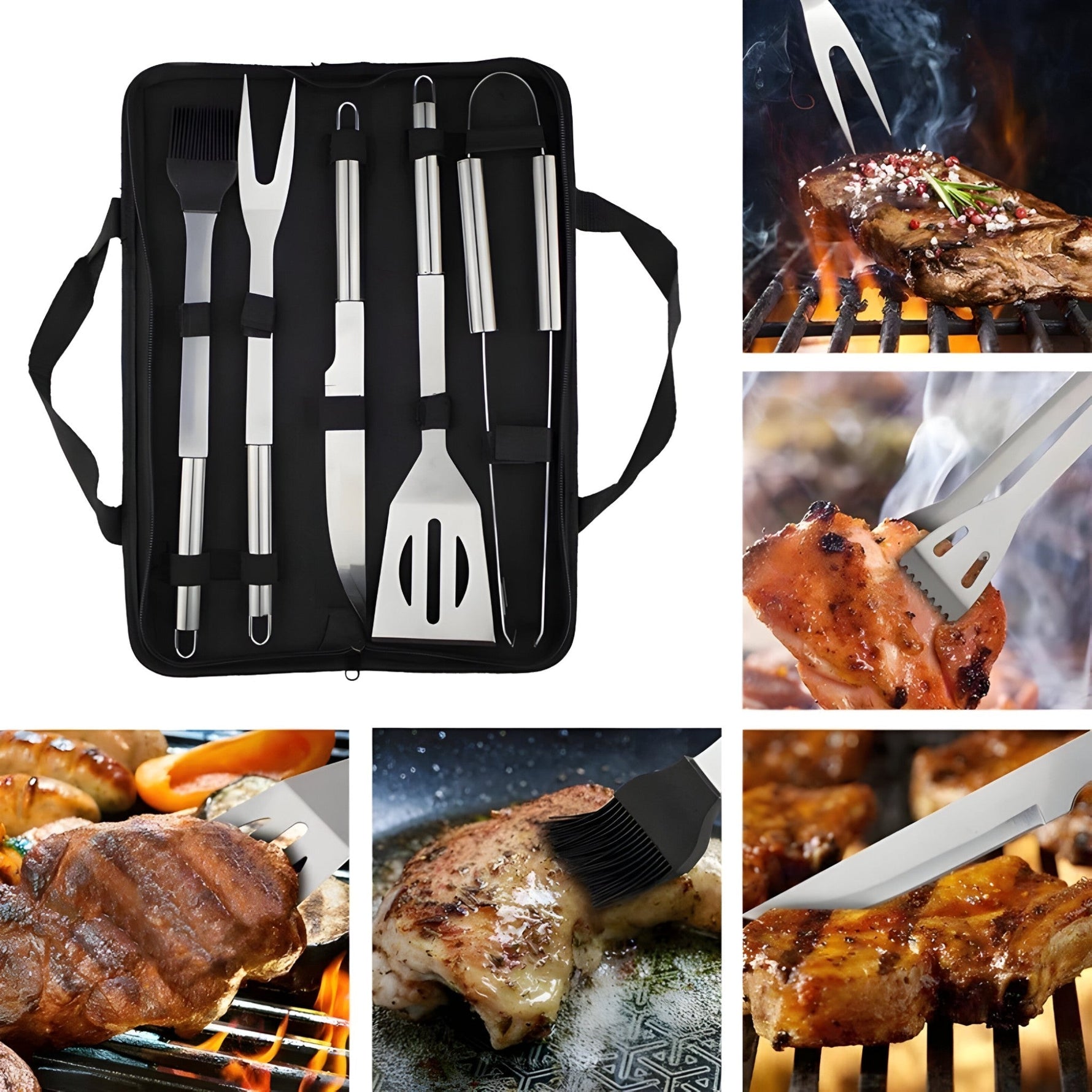 Edelstahl Grillbesteck-Set mit Tragetasche – 3 oder 5 Teile
