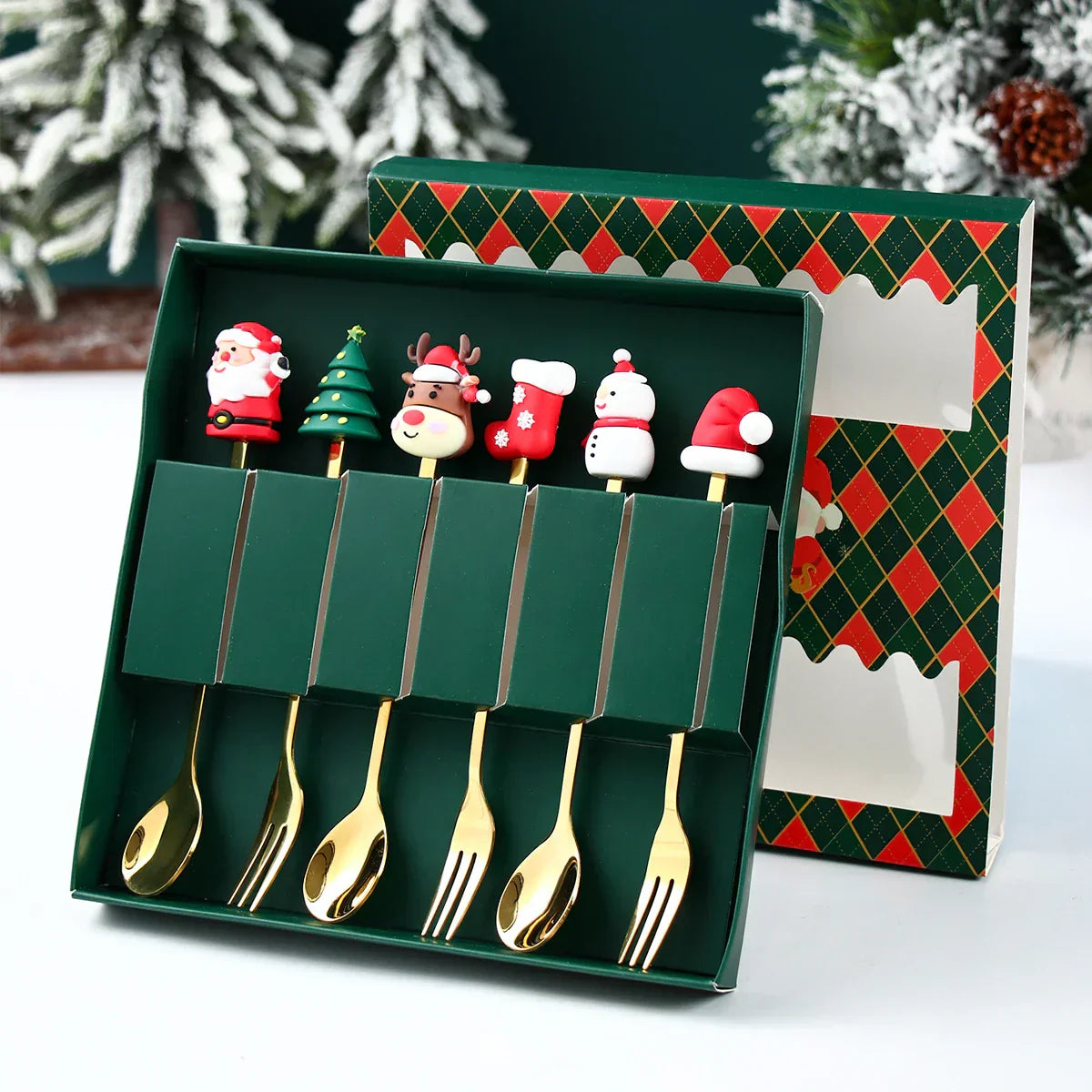 Weihnachtsbesteck Set mit Goldlöffel und Gabel im Santa Claus Design