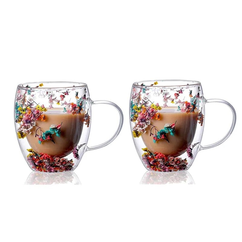 2er Set Doppelt Wandige Glasbecher mit Trockenen Blumen