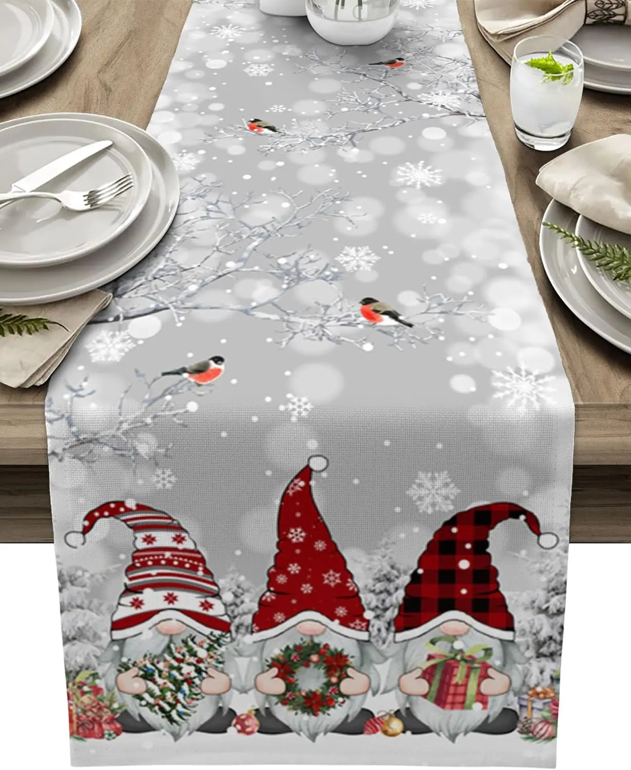 Weihnachtlicher Tischläufer mit Schneemann- und Schneeflocken-Muster – Eleganter Leinenläufer