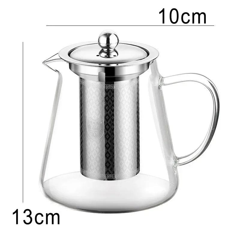 Elegant teapot made of heat-resistant glass with a stainless steel filter