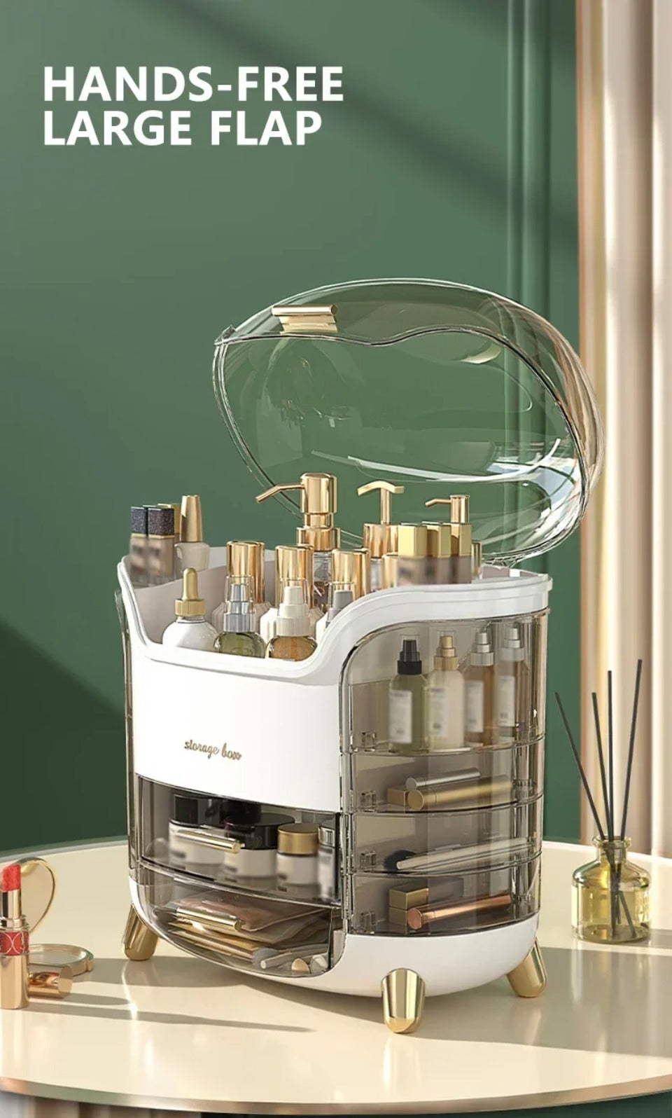 Luxuriöser transparenter Schminkorganisator mit Schiebetüren und Schubladen