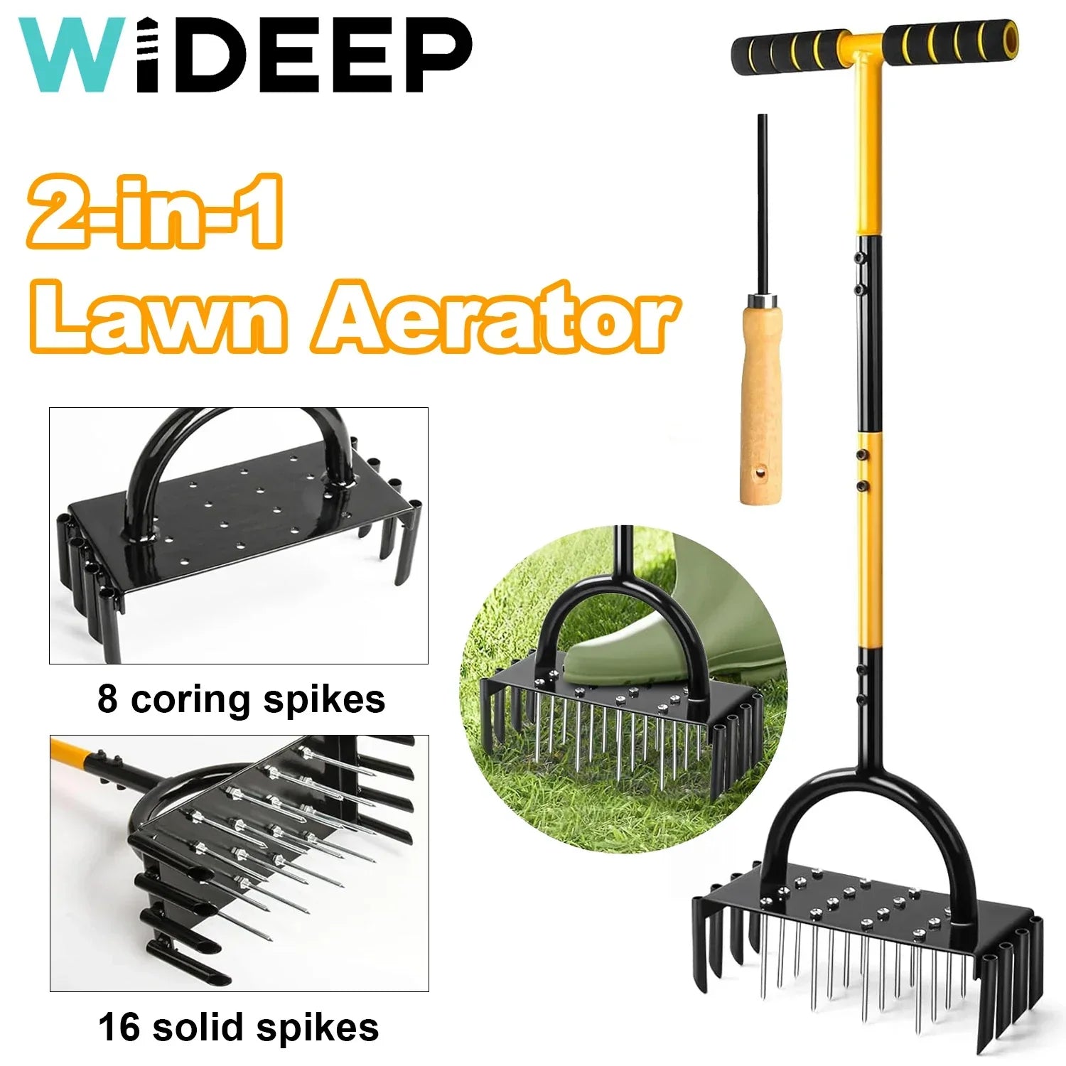 Lawn Aerator Pro | Manual Lawn Aeration with Steel Spikes | 16 Spikes & 8 Hollow Corers | For a Flourishing Garden