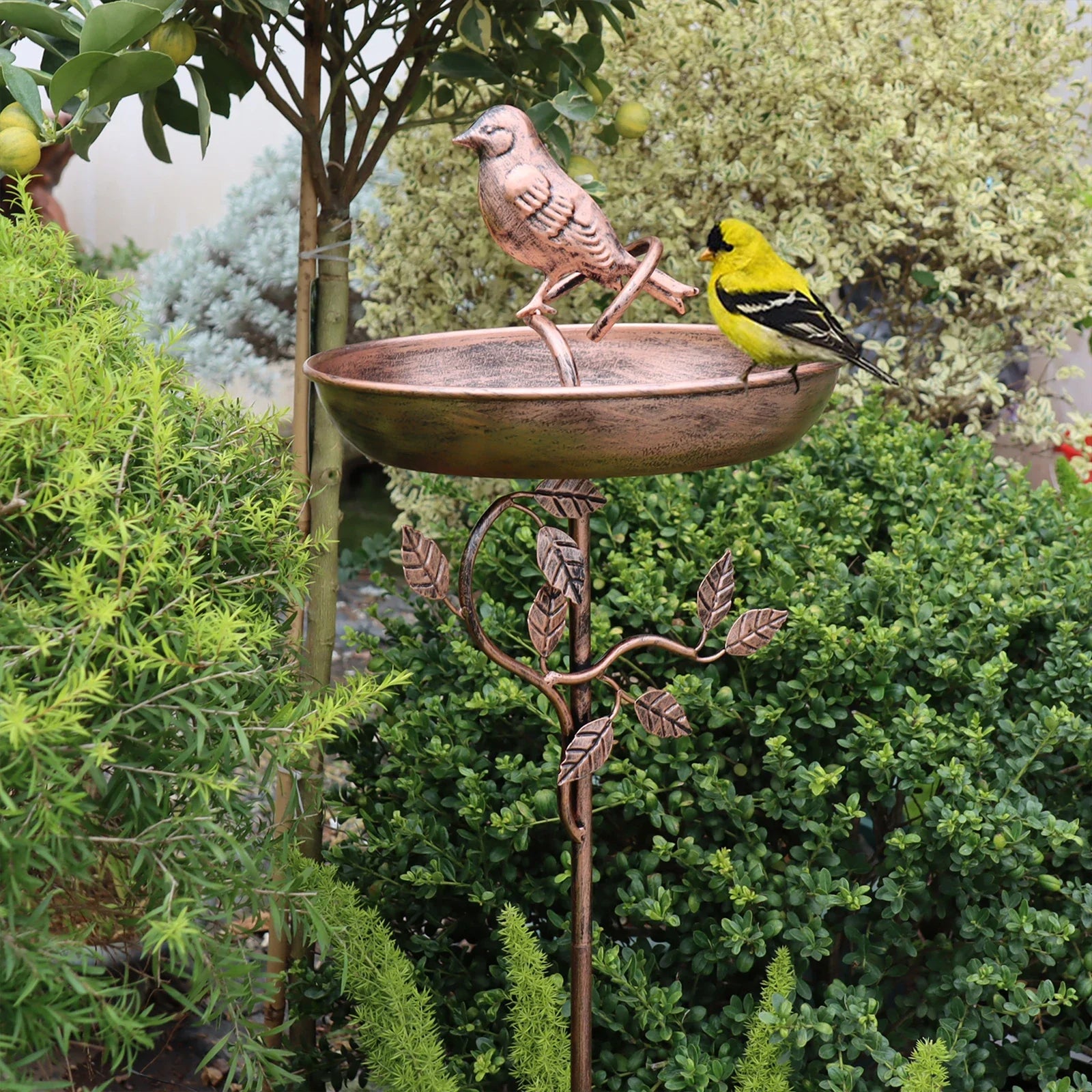 Eleganter Vogelbad mit dekorativem Metallstachel – Antik Kupfer-Design
