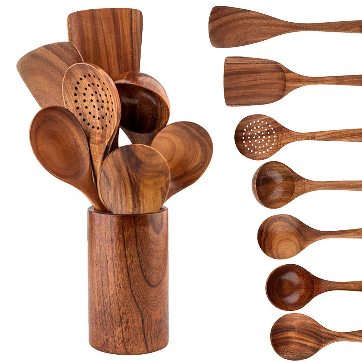 NaturPur – Elegantes Kochgeschirrset aus Holz mit Aufbewahrungskorb