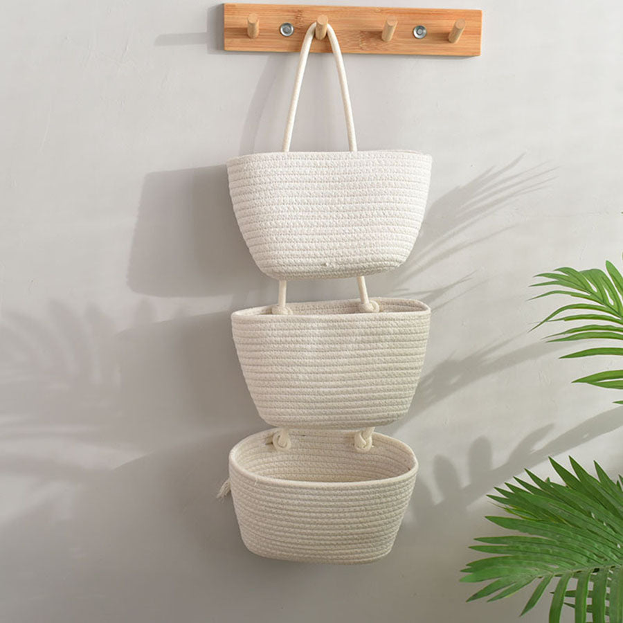 Elegant 3-tier wall basket made of durable cotton