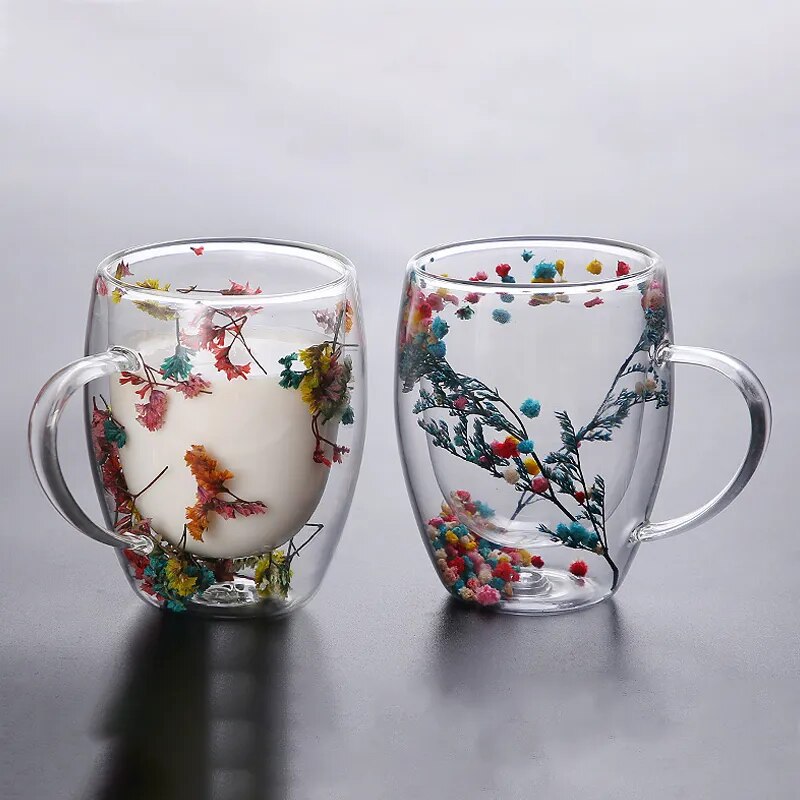 2er Set Doppelt Wandige Glasbecher mit Trockenen Blumen