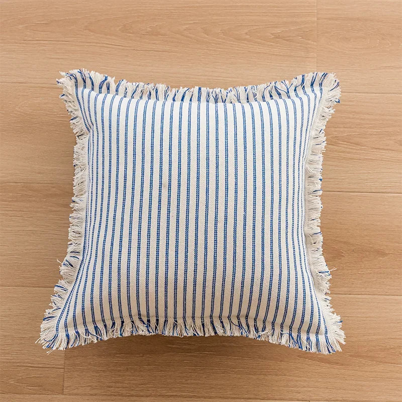 Elegante Kissenhülle mit Jacquard-Muster und Fransen - Baumwoll-Leinen-Mischung