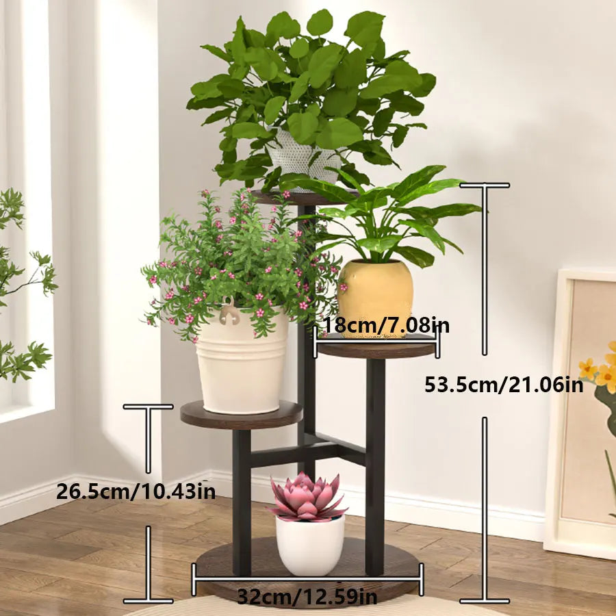 Vielseitiges Pflanzenregal mit runden Holzböden und stabilem Metallrahmen
