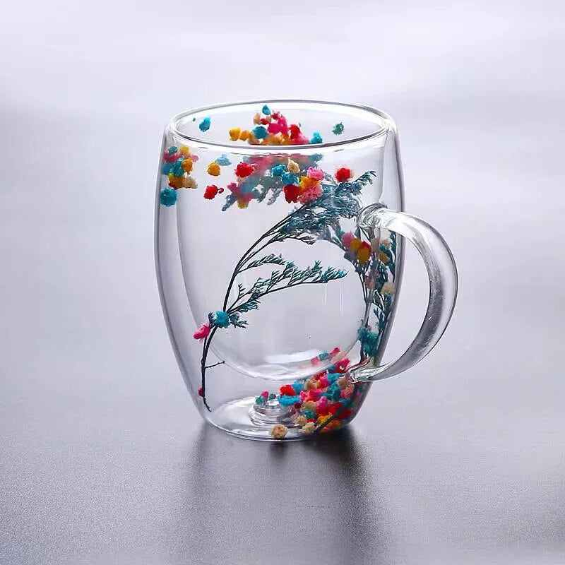 2er Set Doppelt Wandige Glasbecher mit Trockenen Blumen