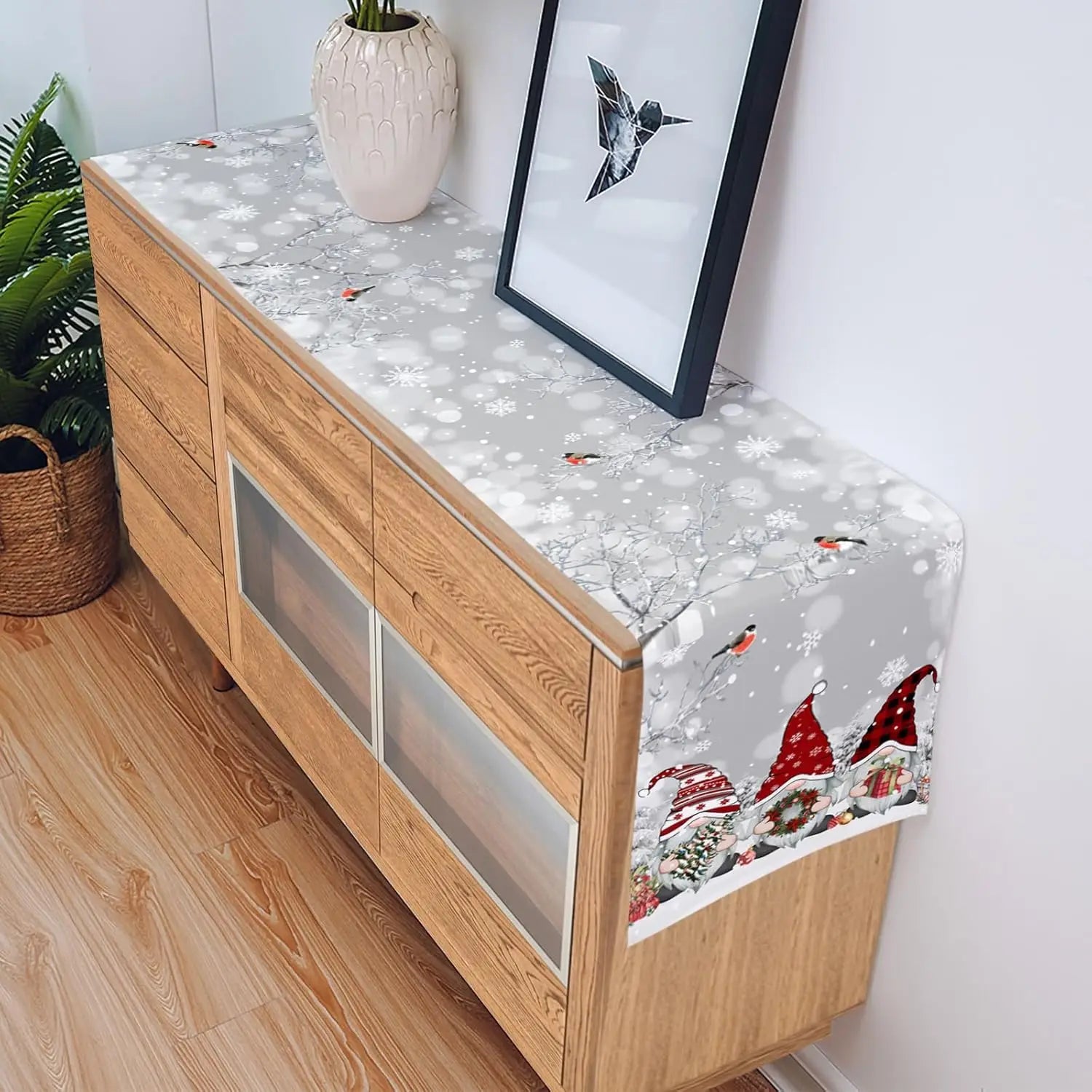 Weihnachtlicher Tischläufer mit Schneemann- und Schneeflocken-Muster – Eleganter Leinenläufer